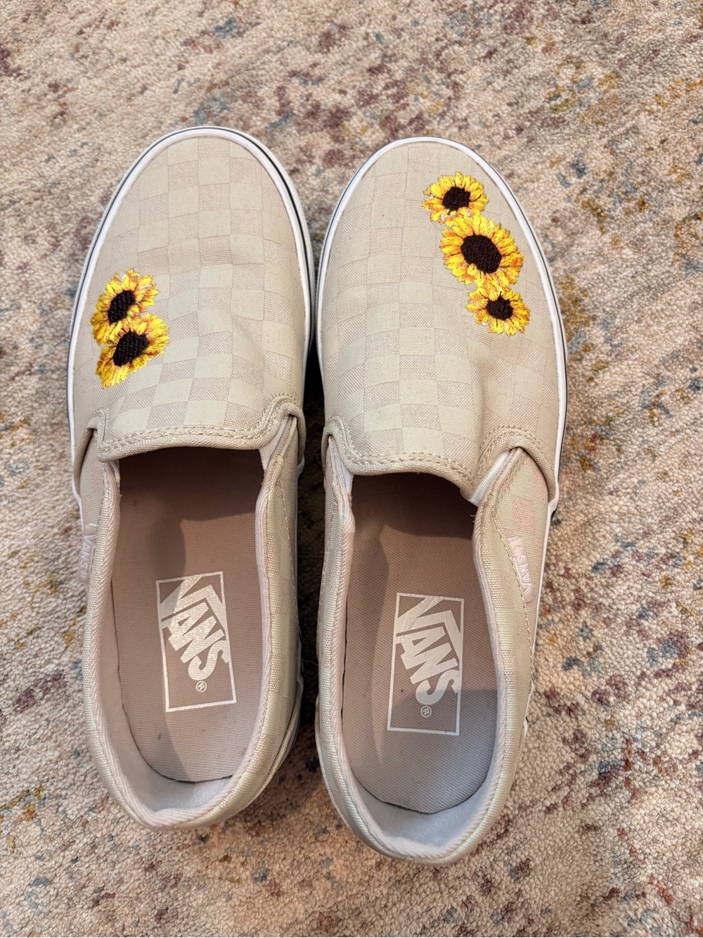 Vans Beige Checker Slip-Ons with Sunflower Embroidery